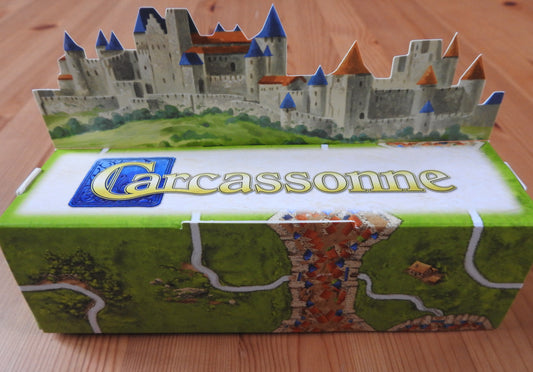 View of the 3D starting box with castles panorama cutout as part of this 3D Starting Landscape mini expansion and accessory for the Carcassonne board game.