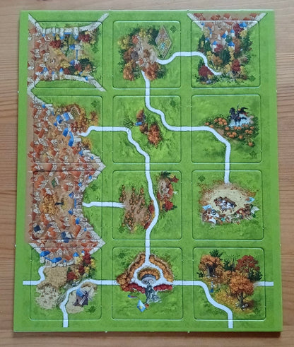 View of all 12 of the lovely tiles included in this Autumn mini expansion for the Carcassonne board game.