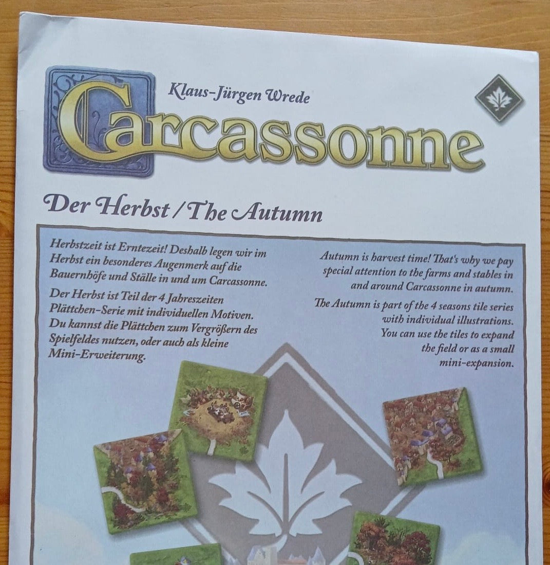 View of the envelope the tiles come inside in this Autumn mini expansion for the Carcassonne board game.