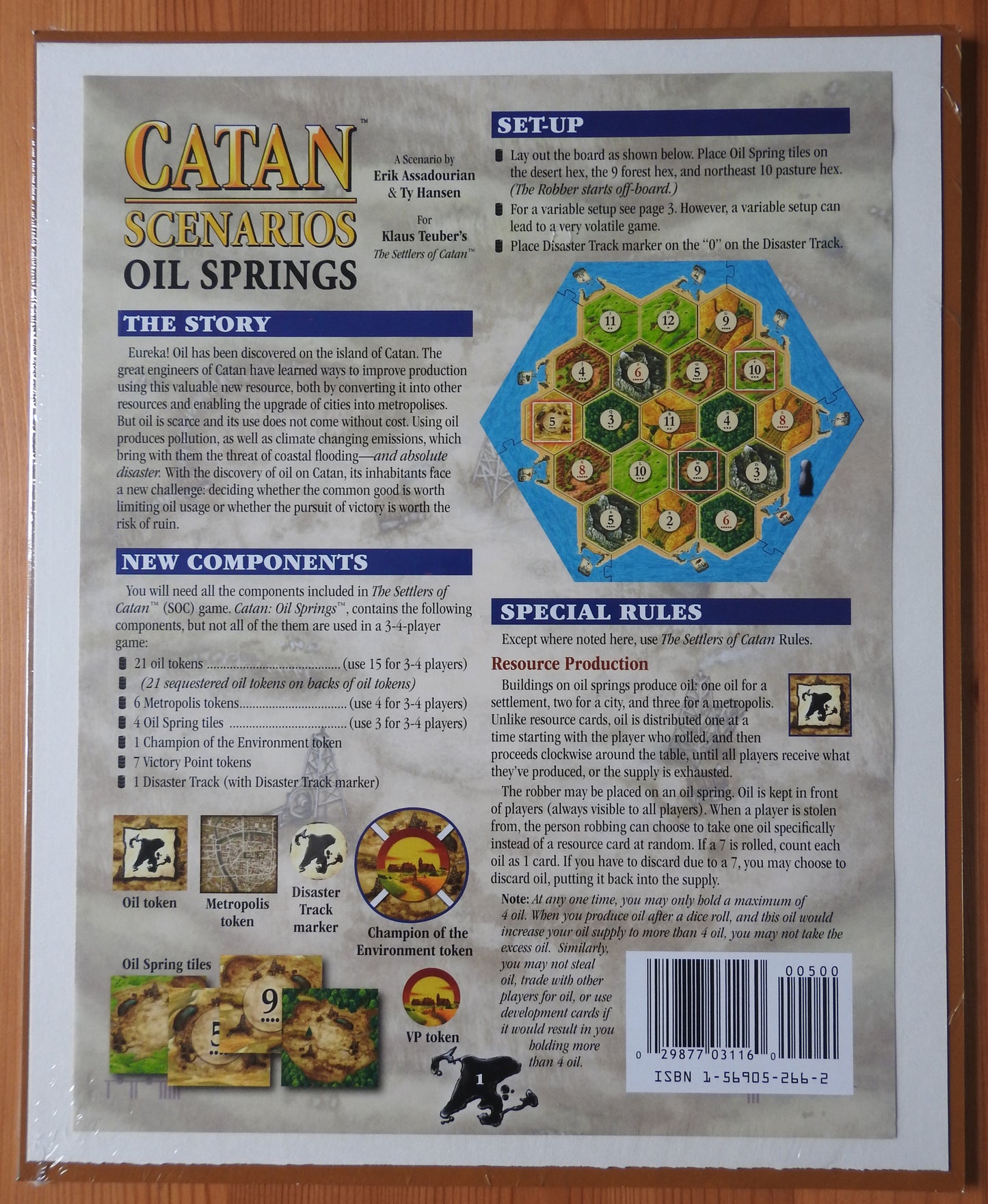 View of the back showing the instructions for this Catan Scenarios Oil Springs mini expansion.