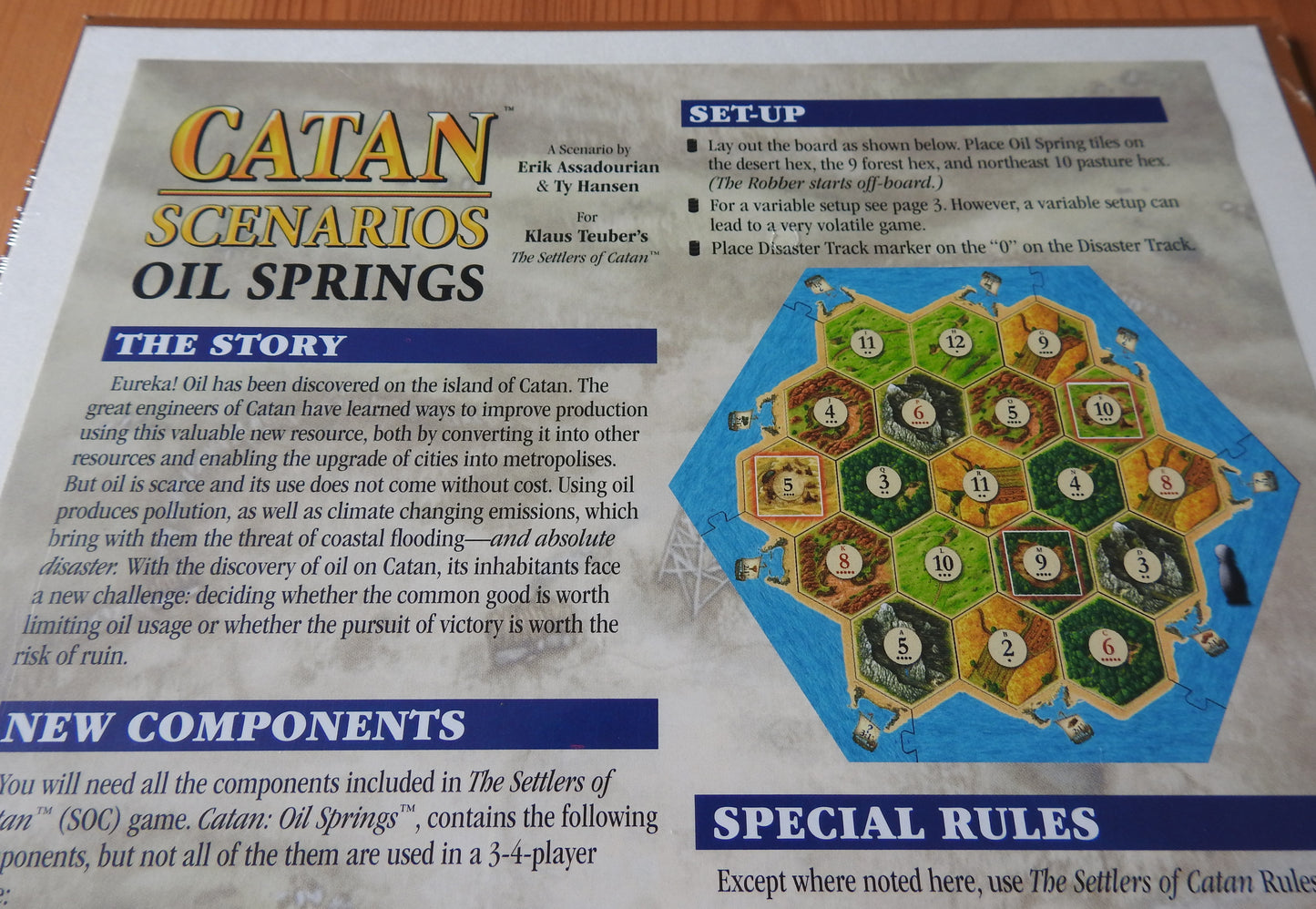 Closer look at the text of the story and the set-up required for this Catan Scenarios Oil Springs mini expansion.