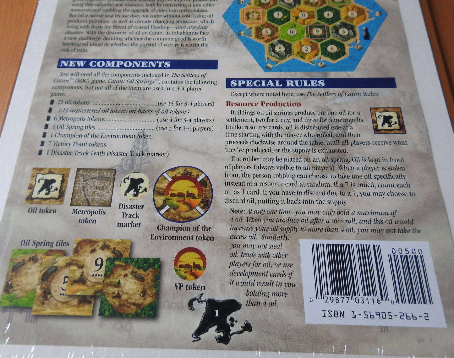 Closer view of the special rules text in the instructions as well as the list of new components in this Catan Scenarios Oil Springs mini expansion.