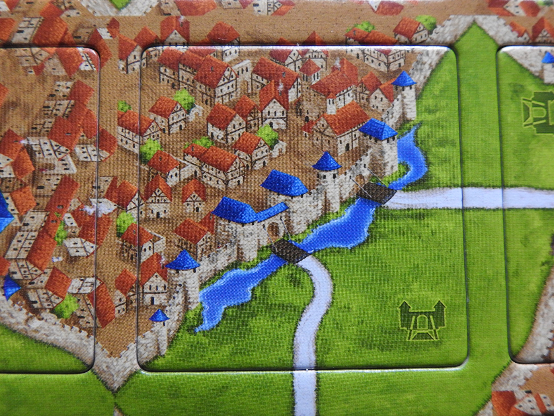 Another close-up view of one of the drawbridge tiles in this Carcassonne Drawbridges mini expansion.