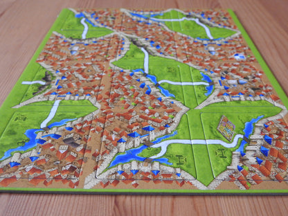 A view from a lower angle of all 12 of the Carcassonne Drawbridges tiles.