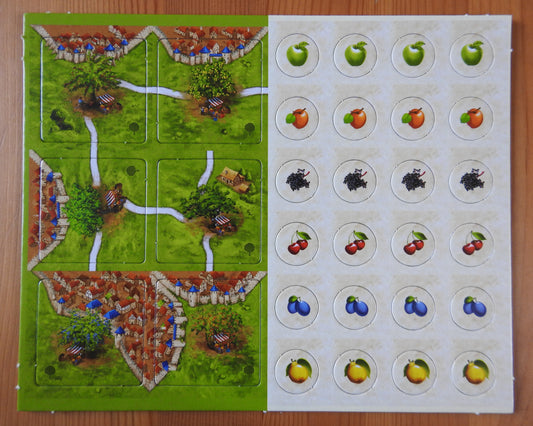 View from above showing all of the tiles and tokens with this Fruit Trees mini expansion for Carcassonne.