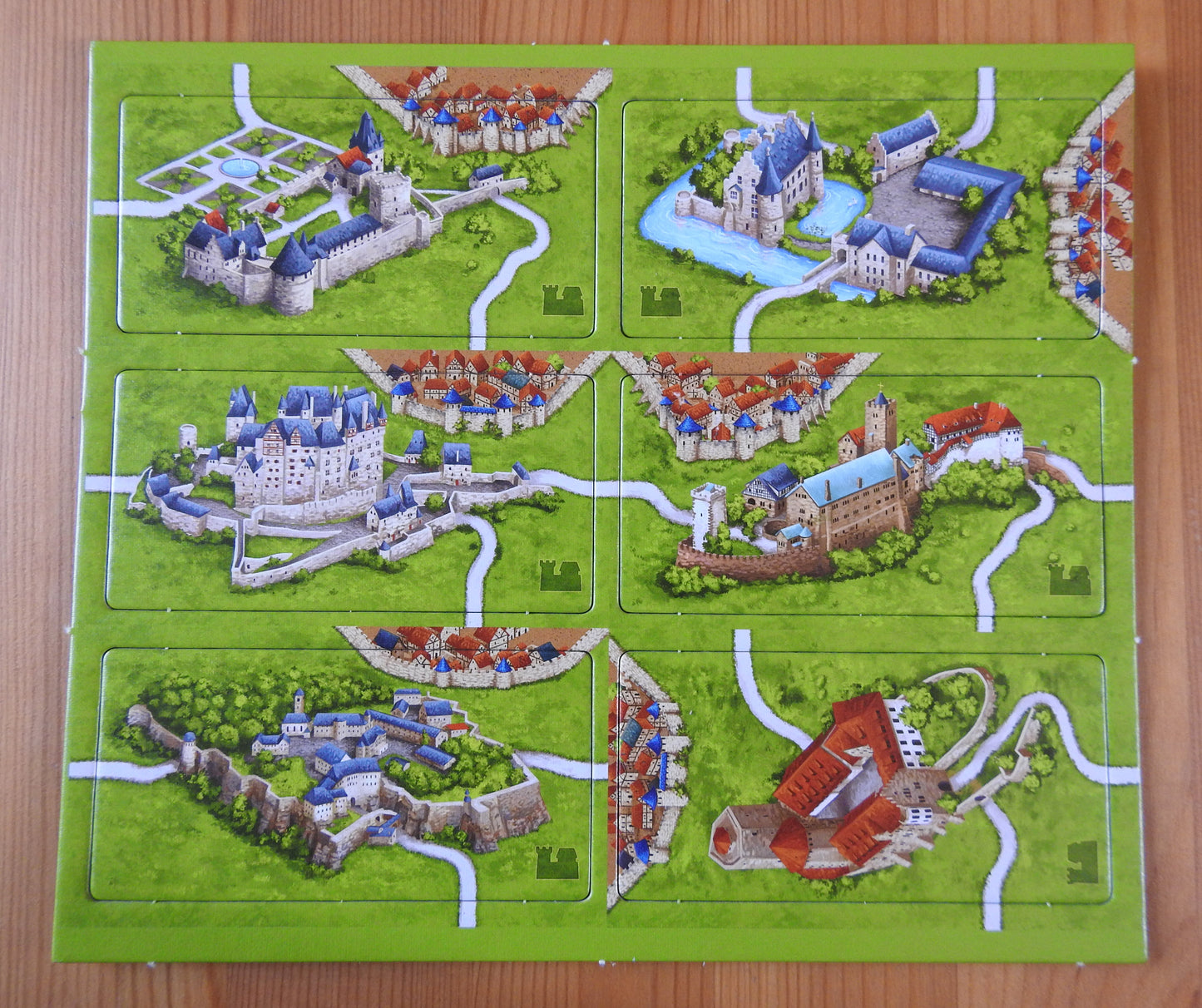 View showing all six of the double sized landscape tiles included in this German Castles mini expansion for Carcassonne.