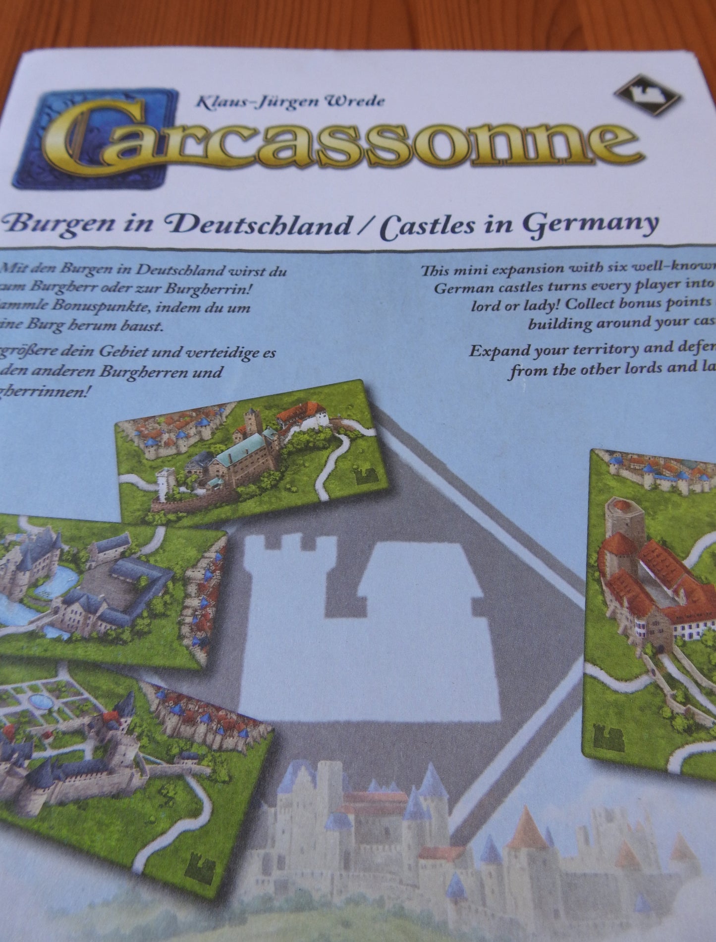 View of the large envelope that this German Castles mini expansion for Carcassonne comes in.