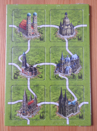 Front view of the 6 German Cathedrals tiles for this Carcassonne mini expansion.