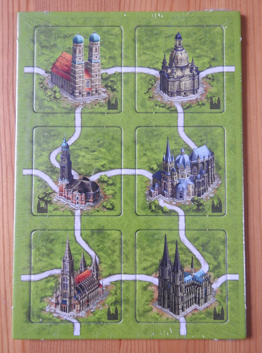 Front view of the 6 German Cathedrals tiles for this Carcassonne mini expansion.