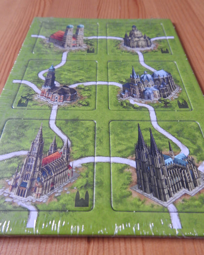 Closer view of the 6 German Cathedrals tiles for this Carcassonne mini expansion.