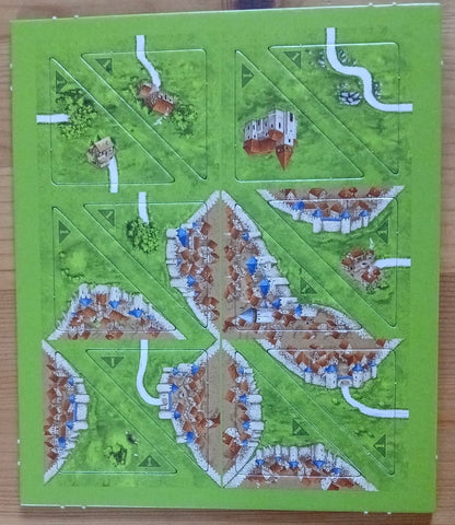 View of the other 12 half-sized tiles that make up this Halflings 1 & 2 mini expansion for the Carcassonne board game.