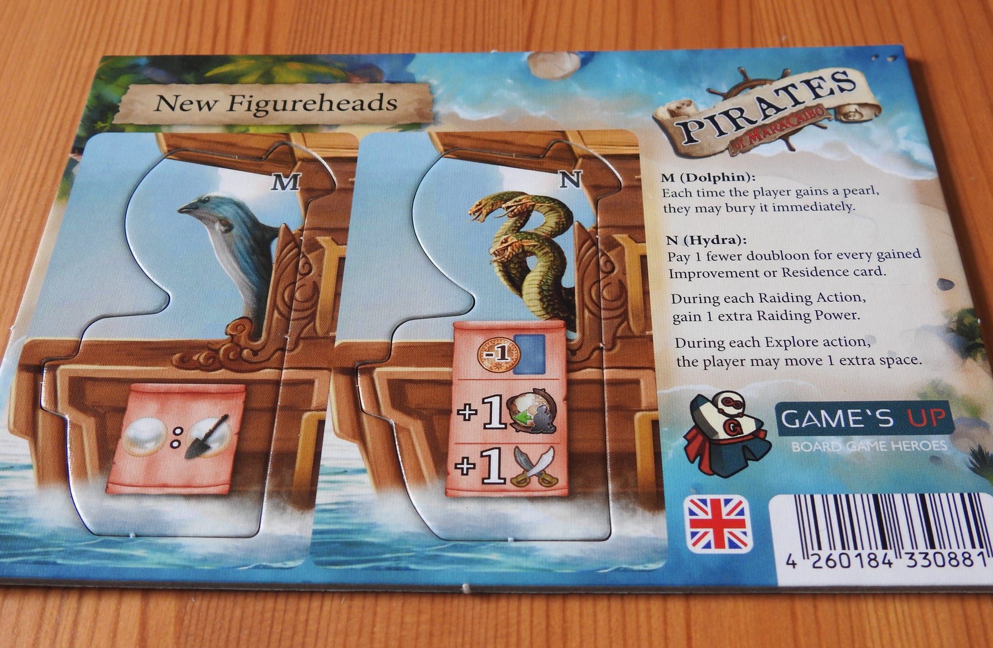 Another view from a lower angle showing the new figureheads and the English rules for this mini expansion to Pirates of Maracaibo.