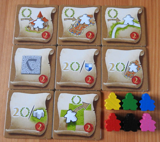 Top view of the 8 messenger tiles along with the 6 mini messenger meeple figures.