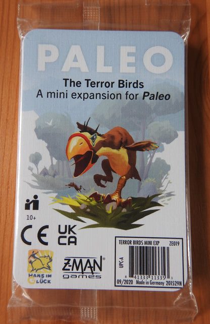 View of the front of the deck of cards that makes up this Paleo Terror Birds mini expansion.