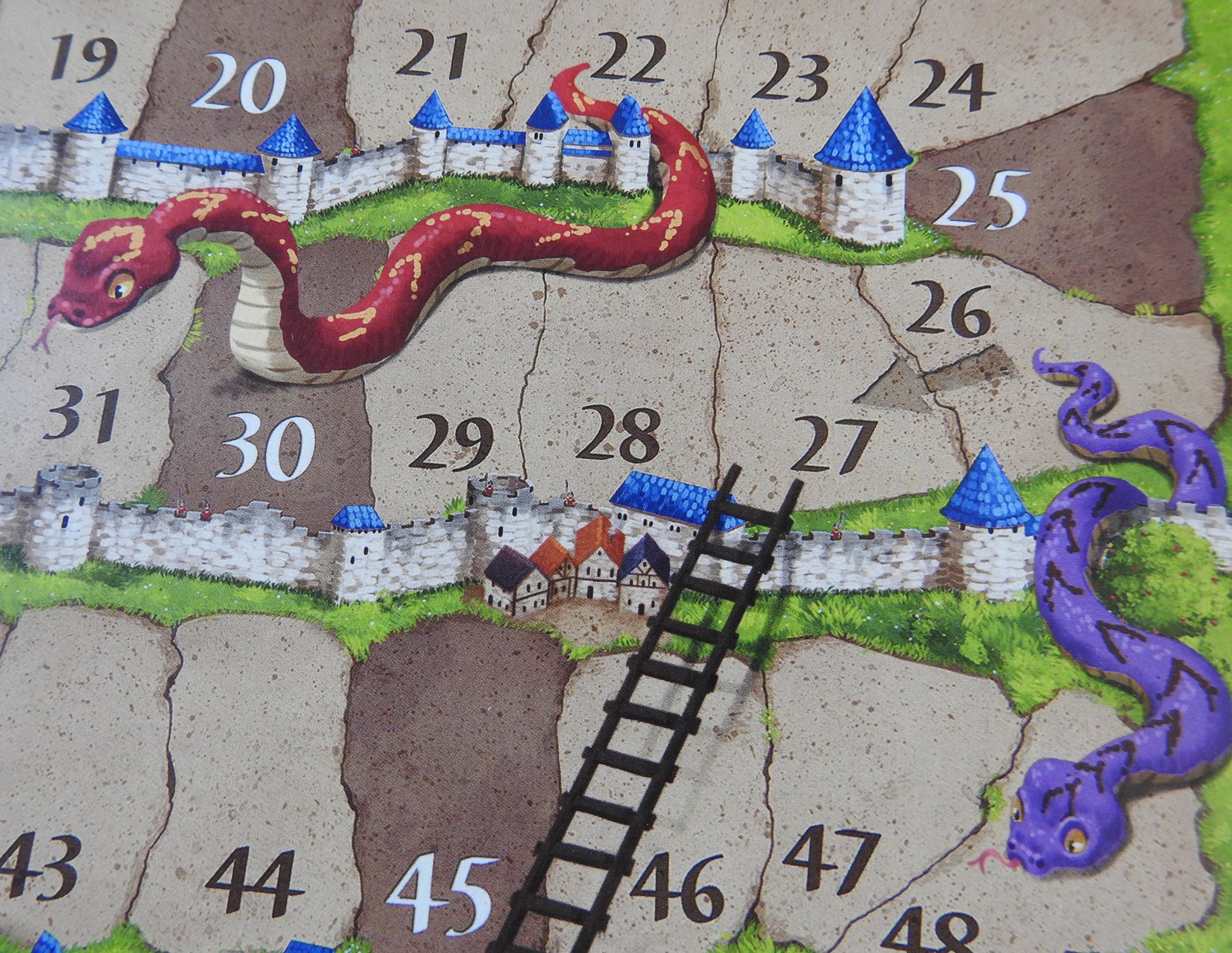 Close-up view showing a red snake, a purple snake and a ladder in this Snakes & Ladders Scoreboard mini expansion and accessory for Carcassonne.