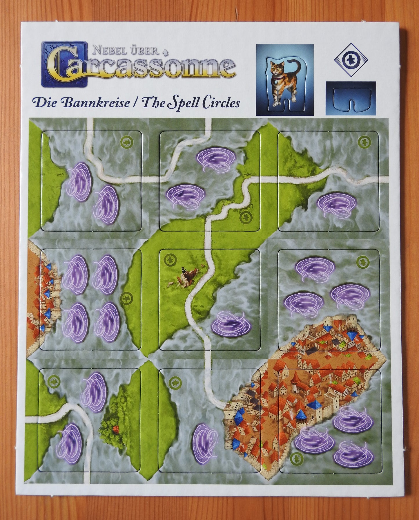 Top view of this Spell Circles mini expansion for the Mists Over Carcassonne board game.