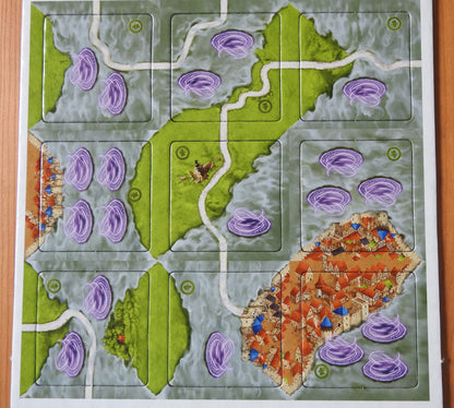 View of all 9 new landscape tiles with mist on them for this Spell Circles mini expansion for Mists Over Carcassonne.