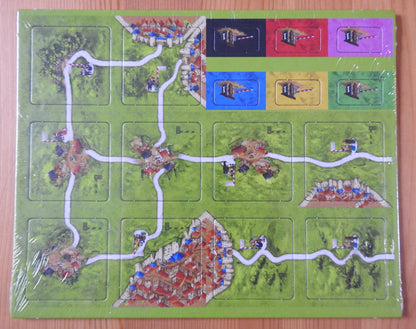 Top view of the 10 tiles and 6 toll tokens that come with this Tollkeepers Carcassonne Mini Expansion.