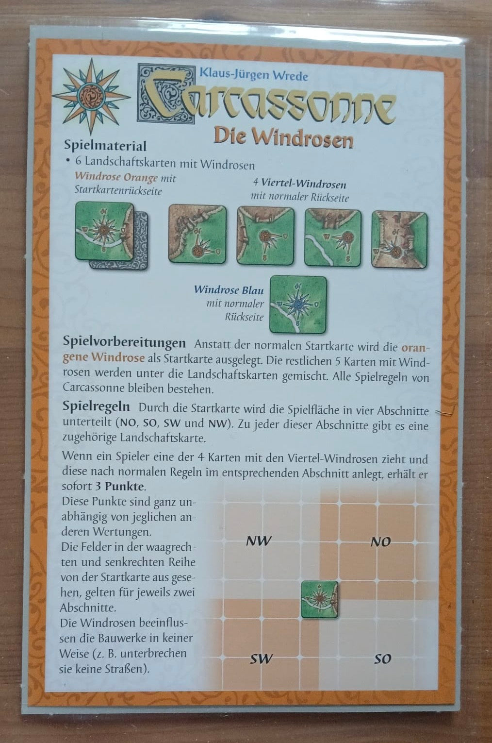 View of the included rules in this Windroses I mini expansion for the Carcassonne board game.