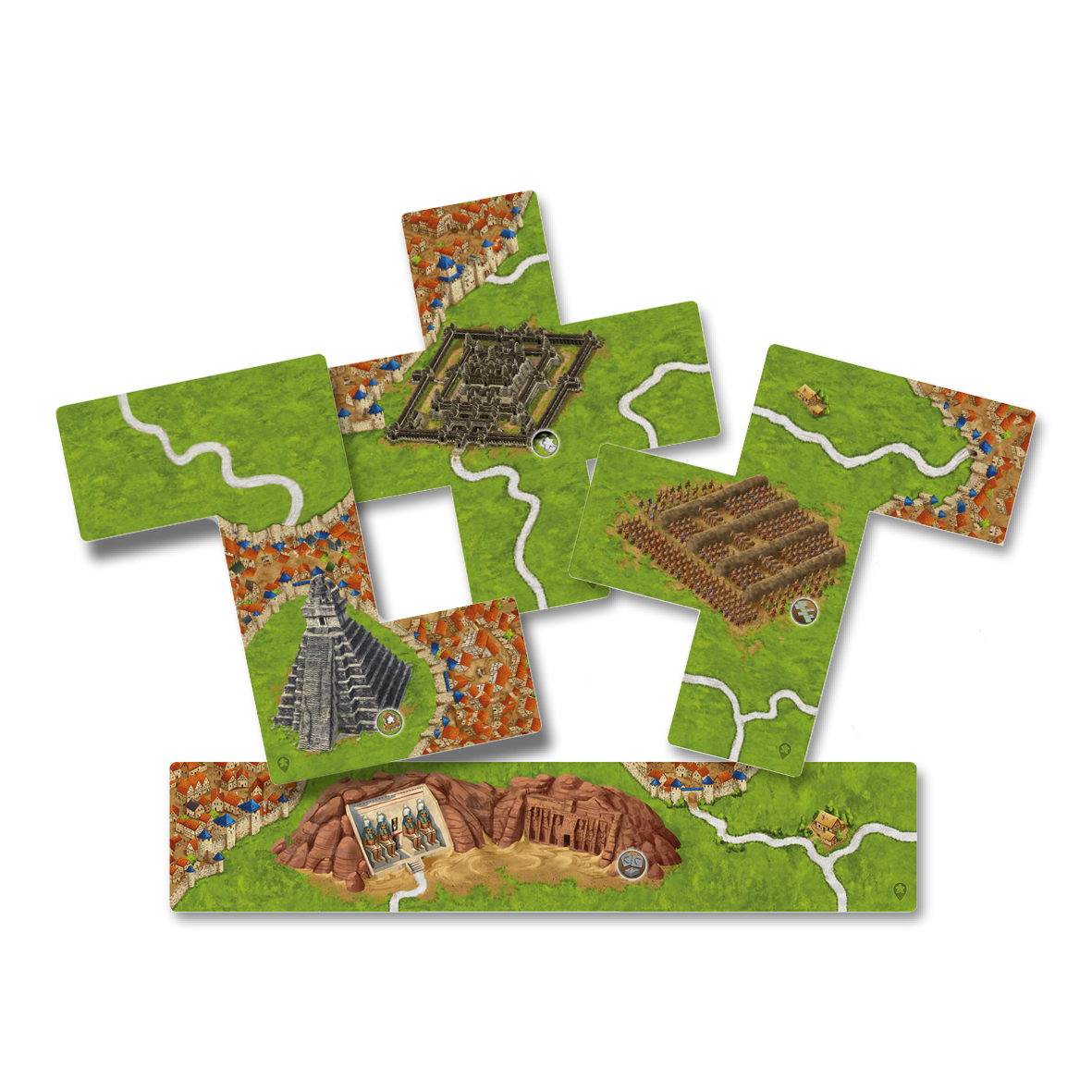 View of the four included large tiles with the different world monuments on them for this Wonders of Humanity II mini expansion for the Carcassonne board game.