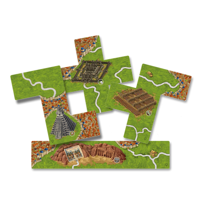 View of the four included large tiles with the different world monuments on them for this Wonders of Humanity II mini expansion for the Carcassonne board game.