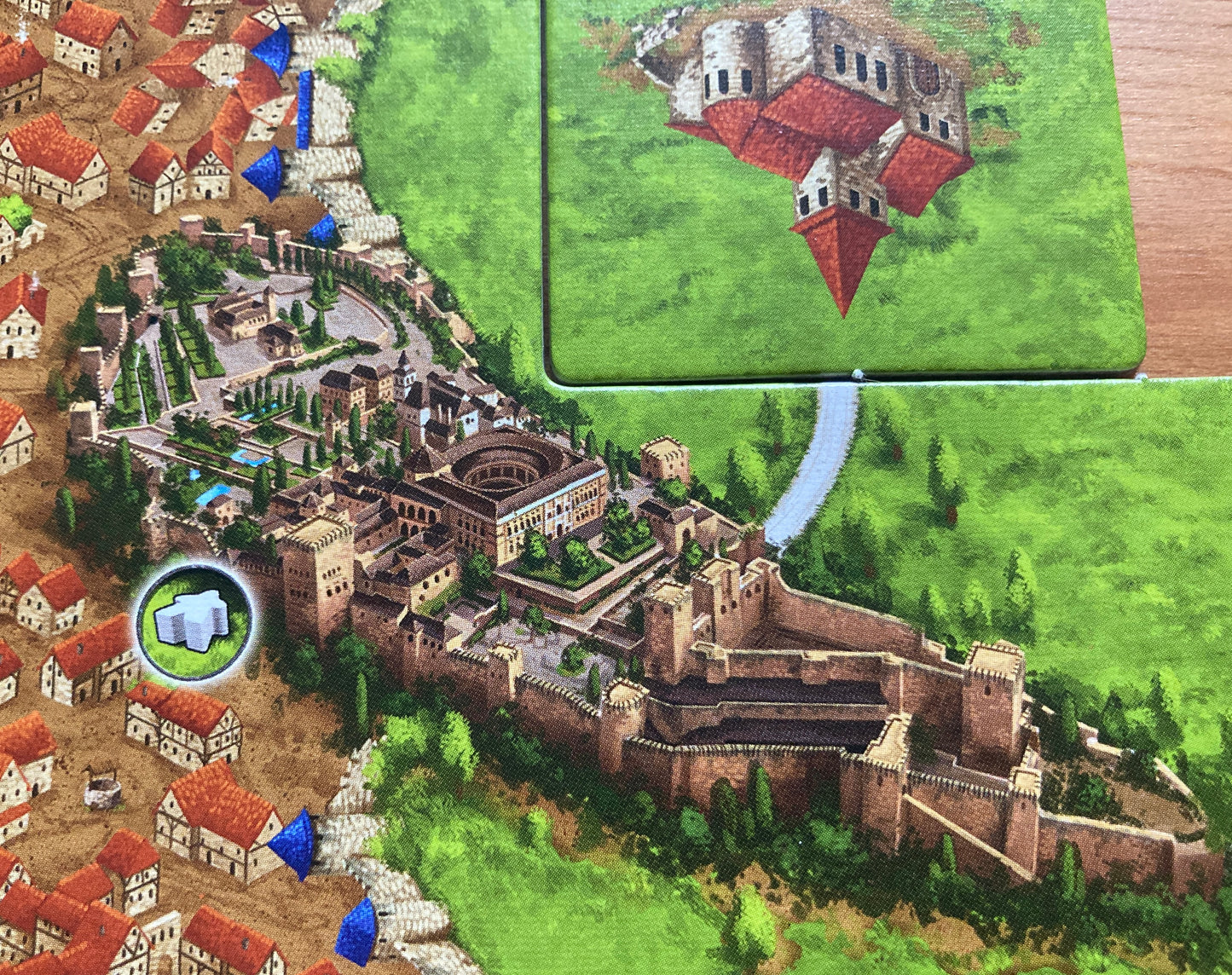 Close-up view of the beautiful Alhambra on one of the tiles with this Wonders of Humanity mini expansion for Carcassonne.