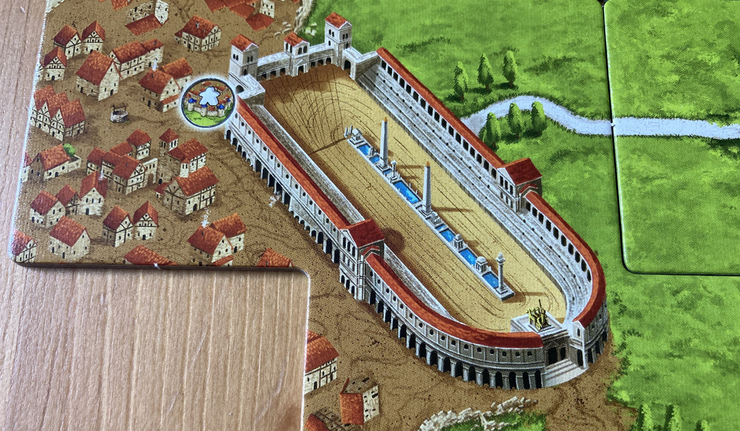 Close-up view of the Circus Maximus on one of the tiles with this Wonders of Humanity mini expansion for Carcassonne.