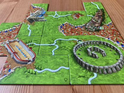 Closer view of all 4 large tiles included in this Carcassonne Wonders of Humanity I mini expansion.