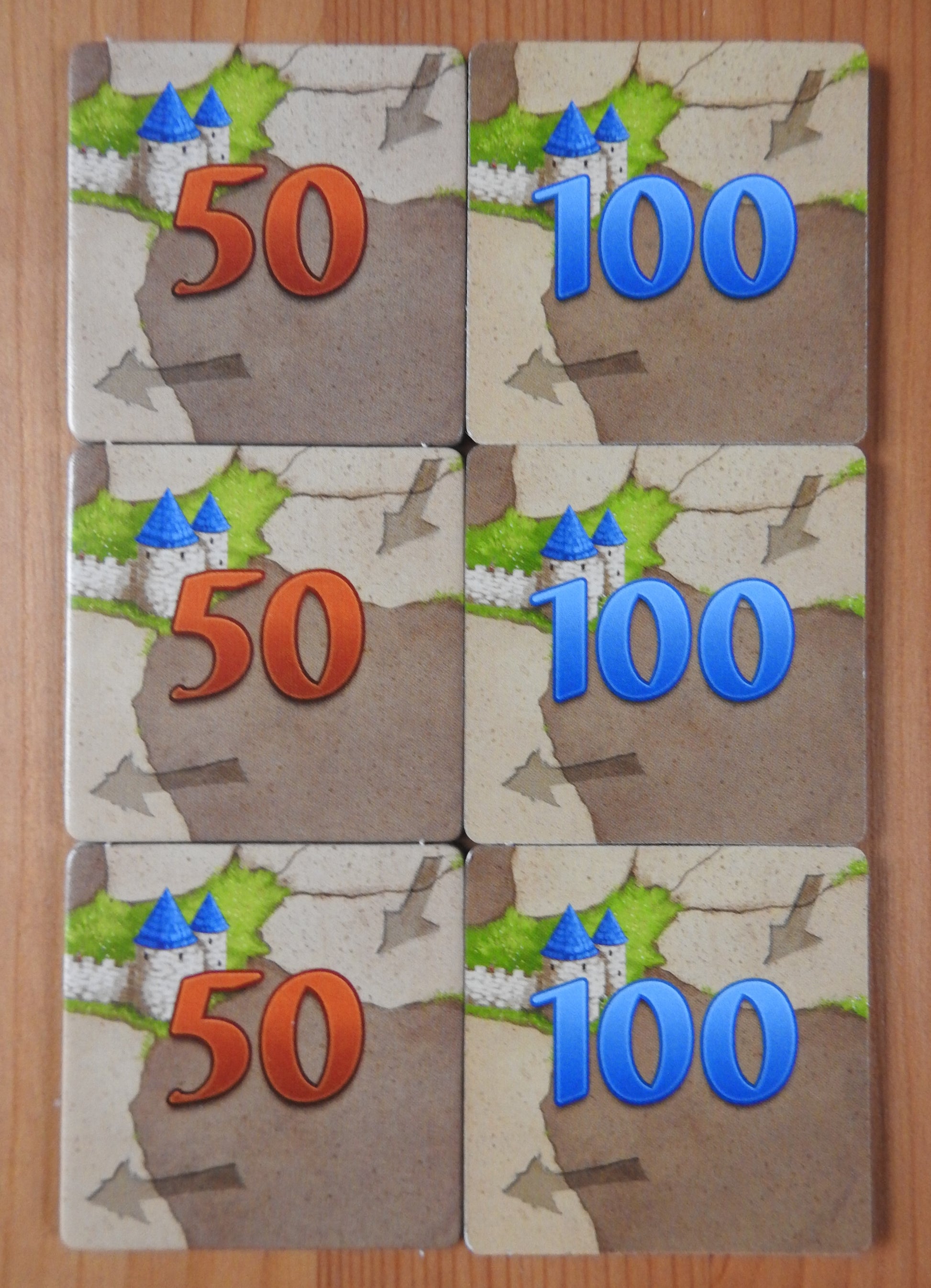 View of all 6 of the tiles that comes with this 6 Extra Scoring Tiles accessory for Carcassonne.