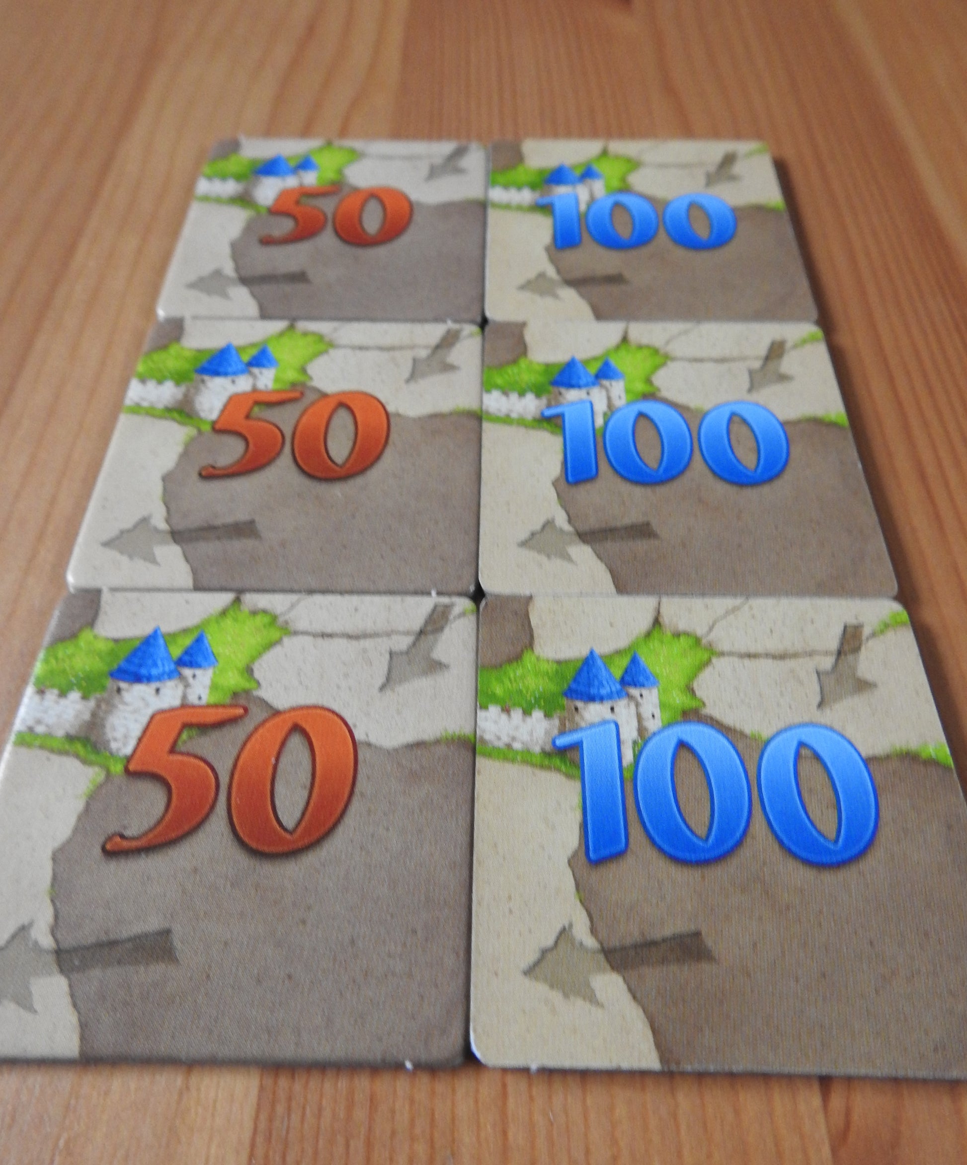 Another view of all 6 of the tiles included with this 6 Extra Scoring Tiles accessory for Carcassonne.