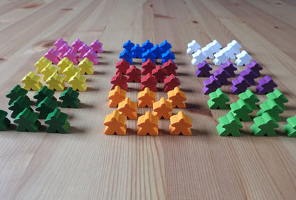 View showing all the different colour options for the sets of 8 meeples.