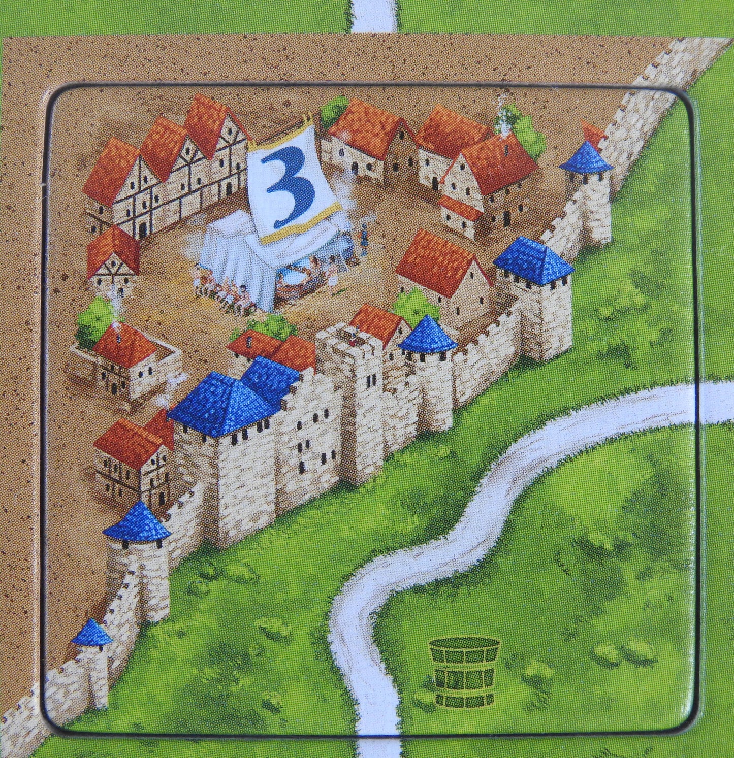 Close-up of one of the Barber Surgeons tiles, showing houses and a marqueee in the city.