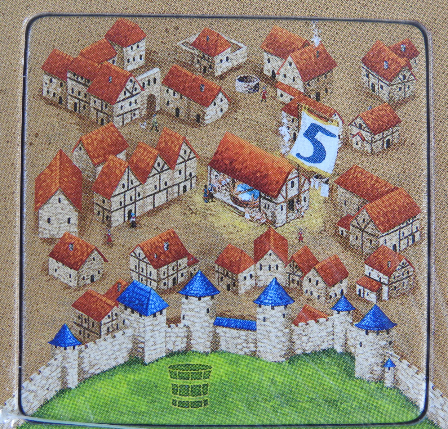 Close-up of one of the Barber Surgeons tiles, showing houses in the city.