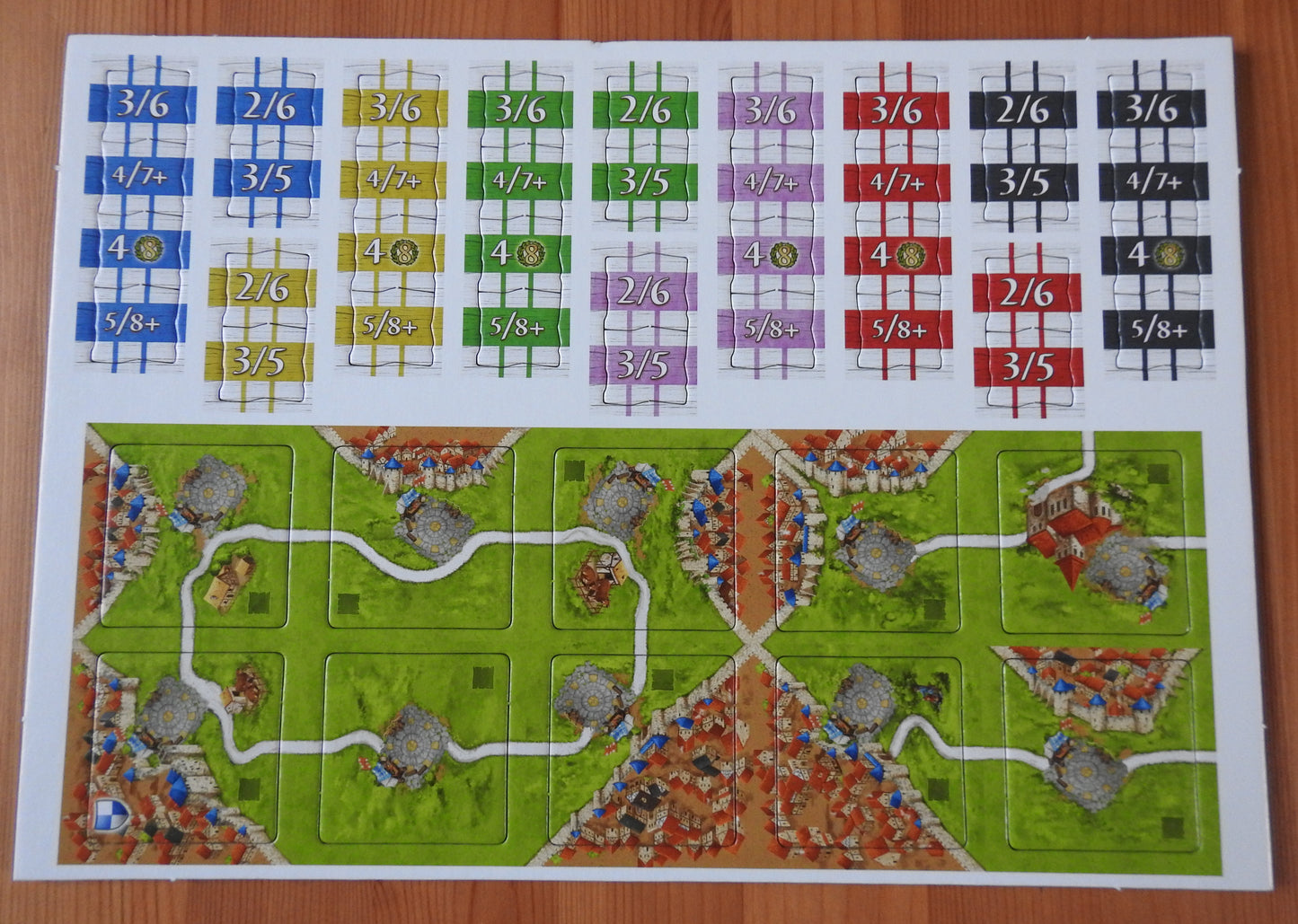 View showing all the tiles and bet chips included in this Carcassonne Bets mini expansion.