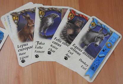 Close-up view of 4 of the pet cards included - the hare, falcon, cat and donkey.
