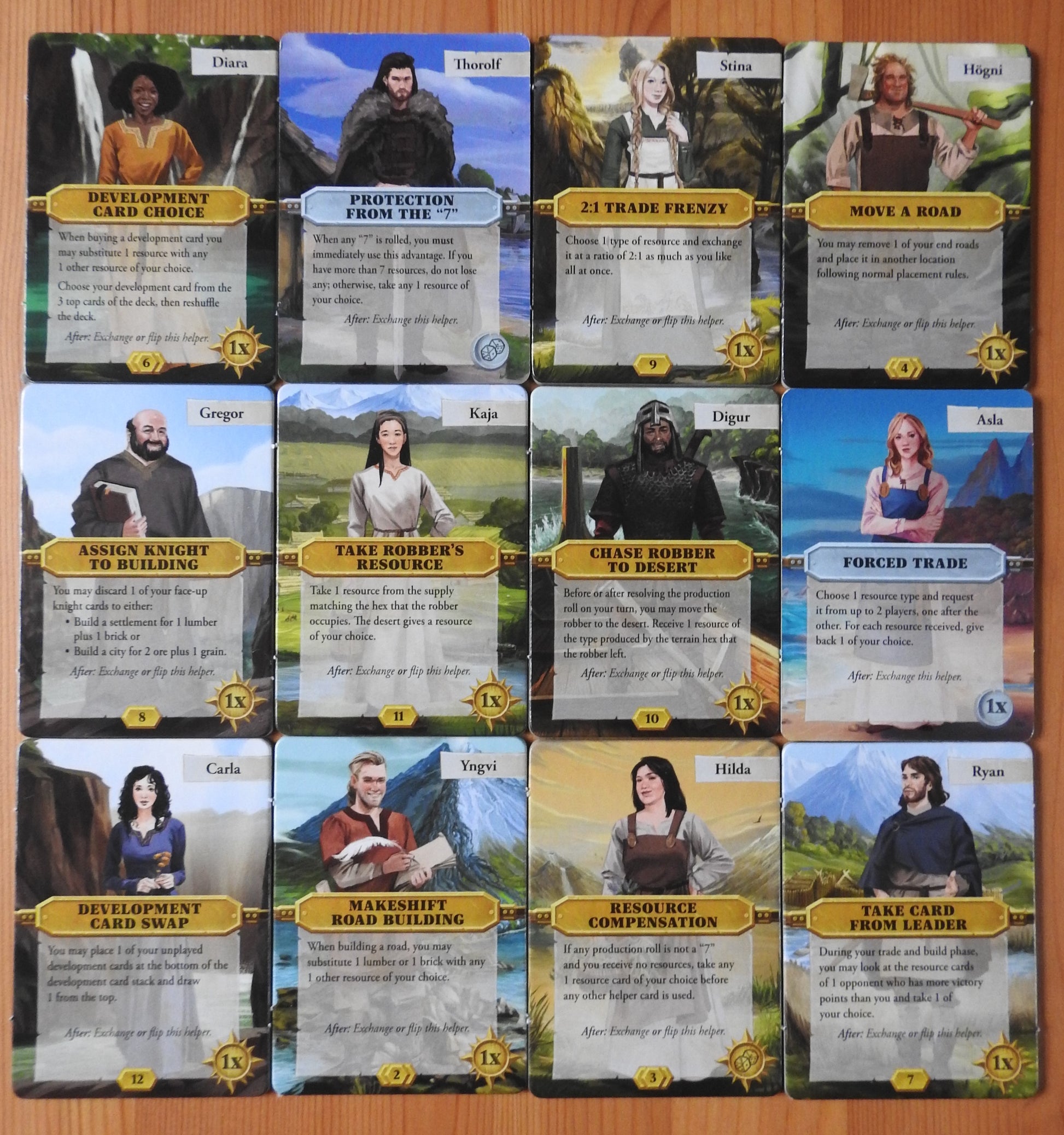 View of all 12 character tiles that come with this Catan Scenarios Helpers mini expansion.