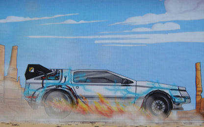 Close-up of the Time Travel Car, showing flames coming out of the wheels!