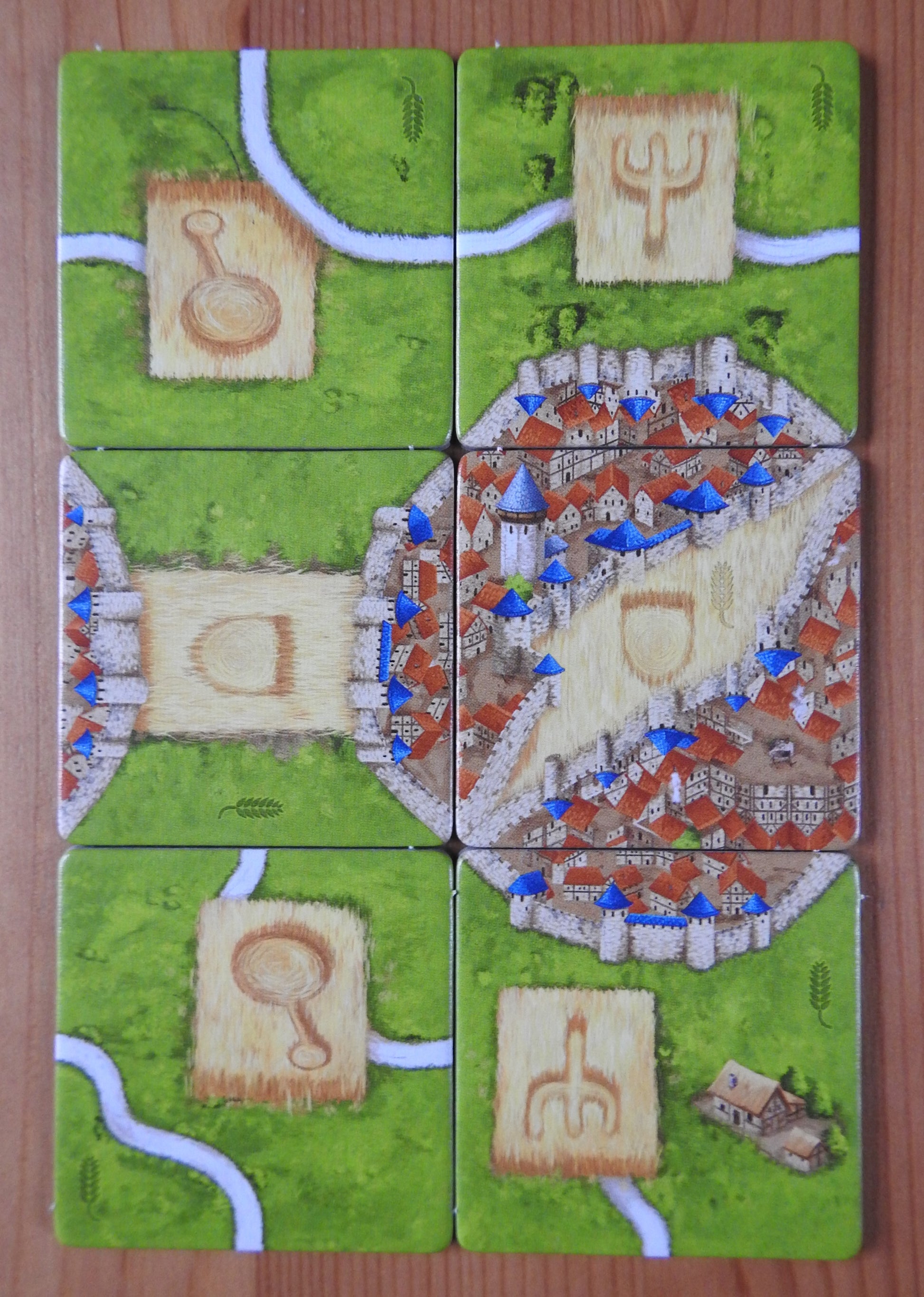 View of all 6 of the tiles included with this Carcassonne Corn Circles II expansion.