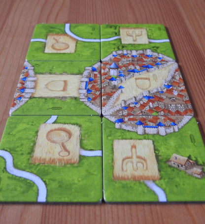 A different view showing all 6 of the tiles that are included in this Carcassonne Corn Circles II expansion.
