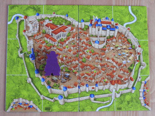 Top view of the 2 large tiles and the Count meeple figure that comes with this Count Carcassonne Mini Expansion.