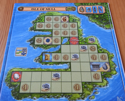 Close-up view of the new Isle of Mull exploration board included in this mini expansion for Feast for Odin.