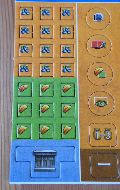 Close-up view of the brightly-coloured new goods tiles that come with the Mull & Caithness mini expansion for Feast for Odin.