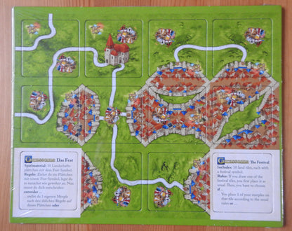 View of all the tiles in this Carcassonne Festival II mini expansion.