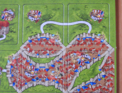 Close-up of 4 more tiles in this Carcassonne Festival II mini expansion.