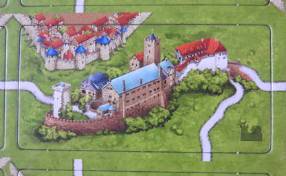 Close-up view of one of the beautiful tiles in this Carcassonne German Castles mini expansion.