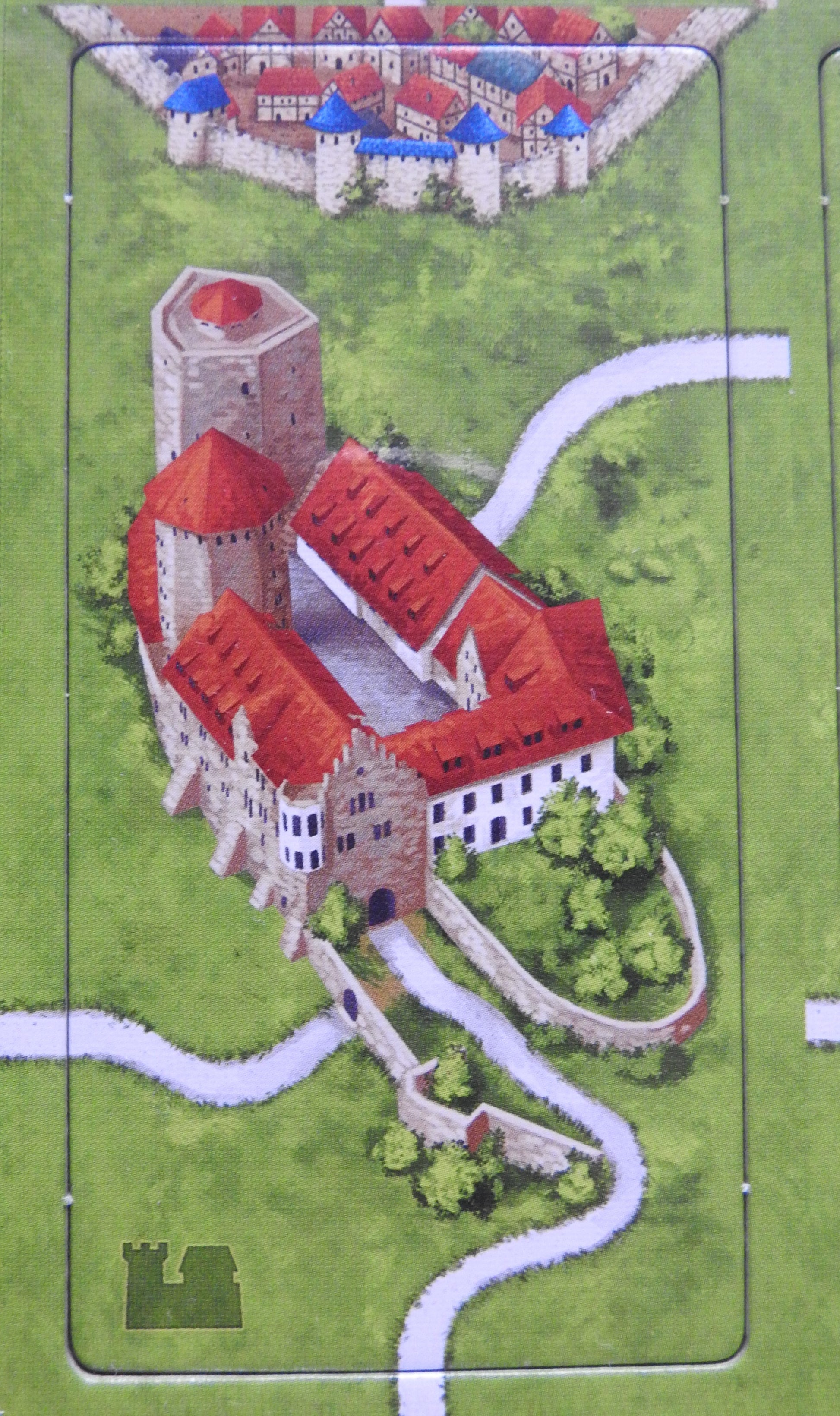 Close-up view of a red-roofed castle tile in this Carcassonne German Castles mini expansion.