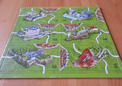 Lower angle view of all 6 of the included tile in this Carcassonne German Castles mini expansion.