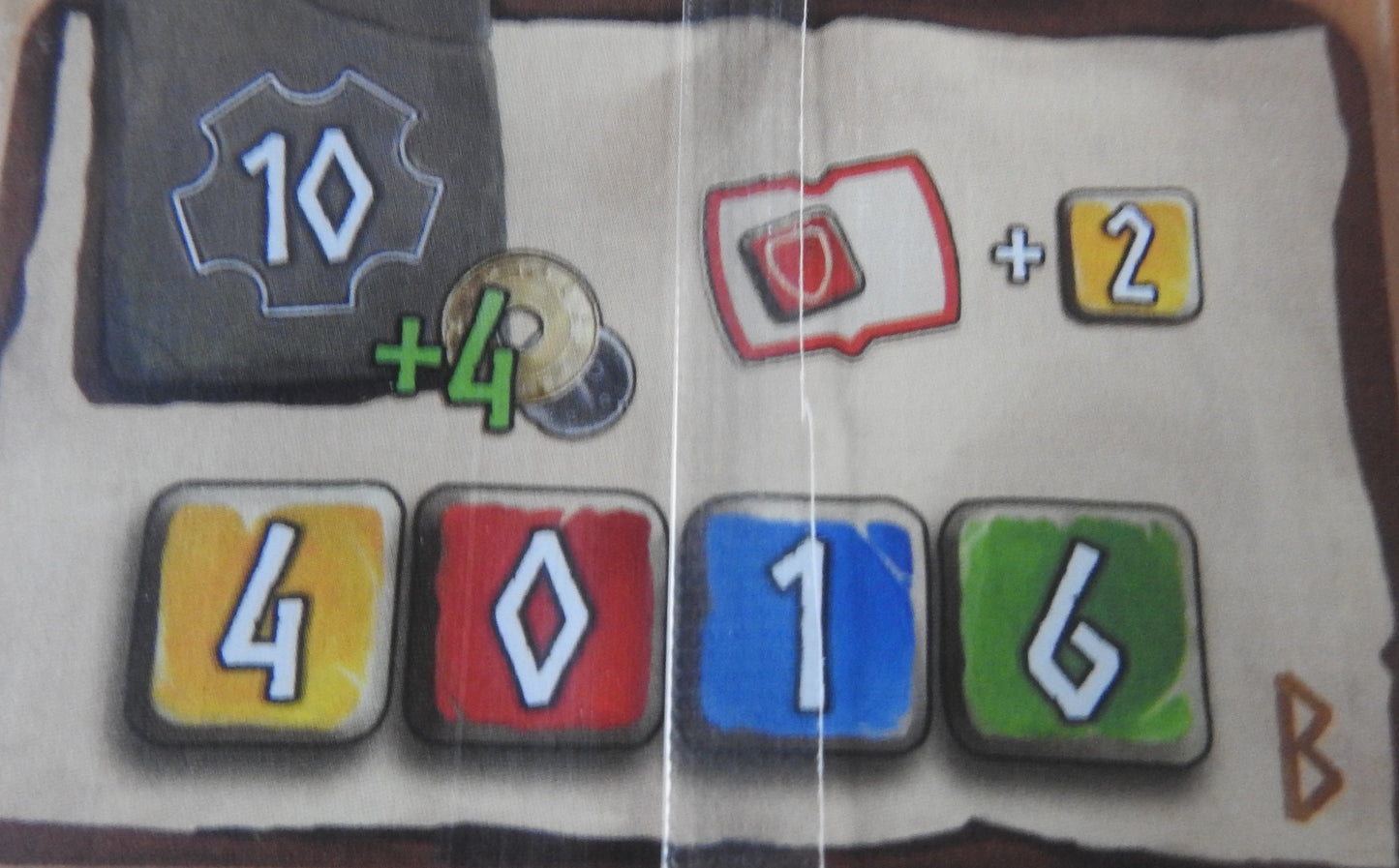 Close-up view of the 'B' start card showing the symbols and bonuses that aid players during the game.