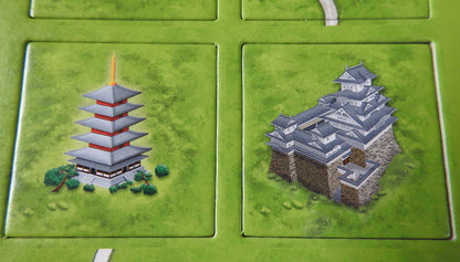 Closer view of some of the beautiful Japanese Buildings featured, including a pagoda and a large castle.
