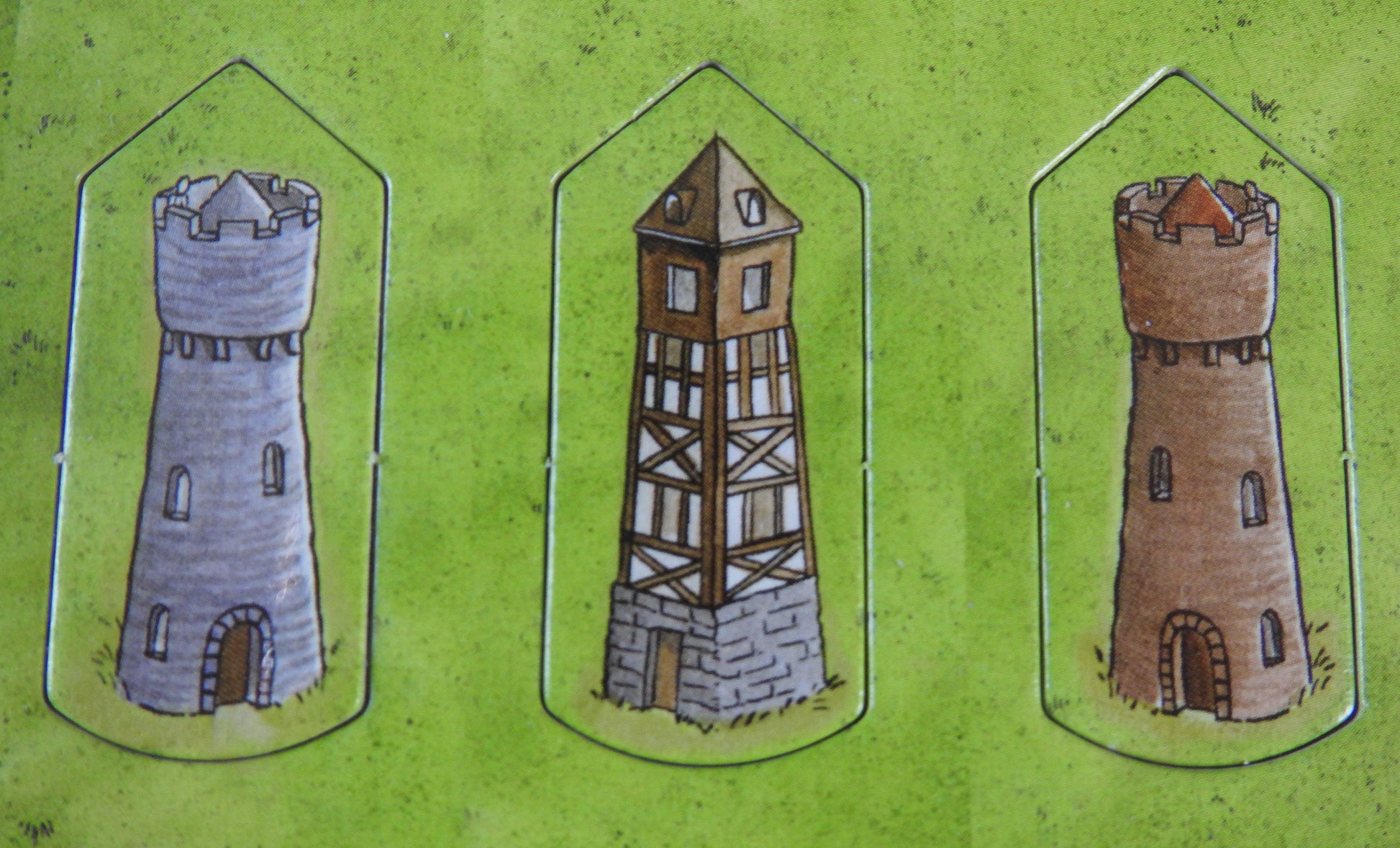Close-up of 3 more tower tokens.